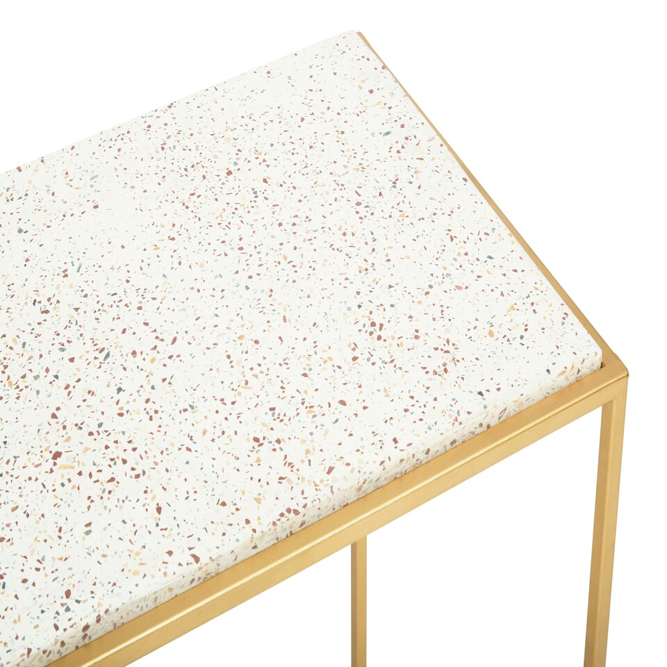 image 1 of Interiors by Premier Gold Finish Console Table, Sleek Gold Iron Frame with White Rectangular Marble Top, Open‑Frame Console Gold