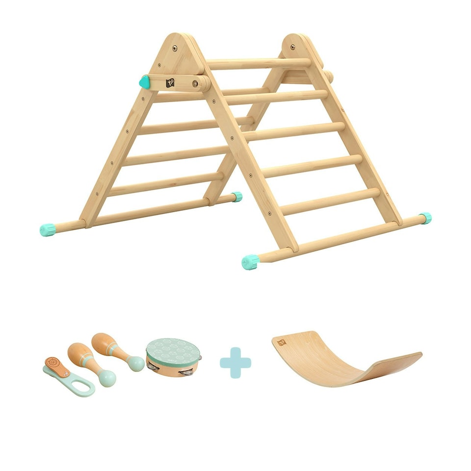 image 1 of The Adventurer Play Pack: TP Active-Tots Pikler Style Wooden Climbing Triangle with Active-Tots Balance Board and Owl & Fox Musical Instrument Assortment