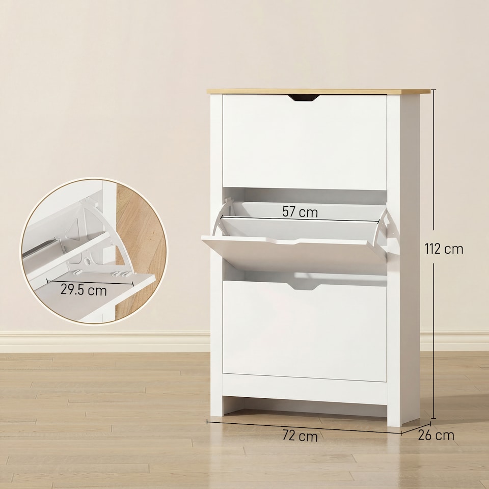 image 1 of HOMCOM 18-Shoe Storage Cabinet 6 Shelves 3 Drawers Tabletop 4 Legs Modern White