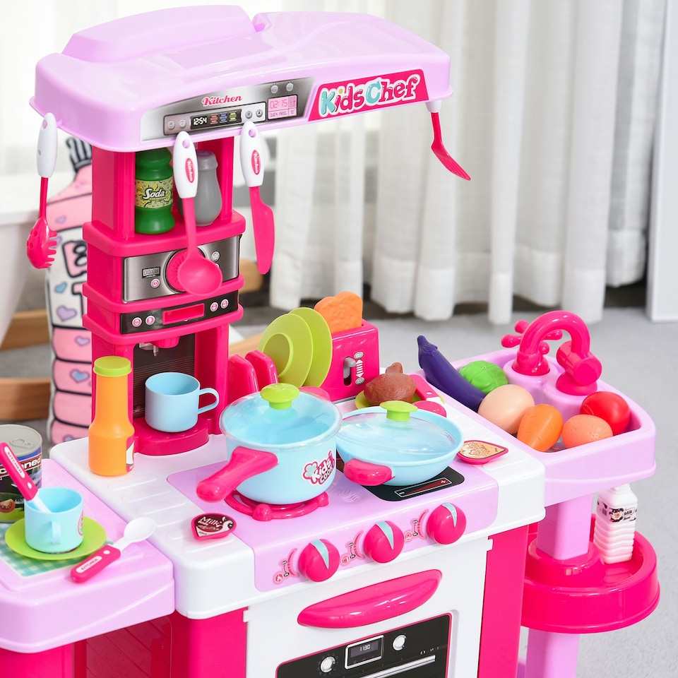 image 1 of HOMCOM 38-Piece Children's Kitchen Play Set w/ Realistic Sounds Lights Food Pink