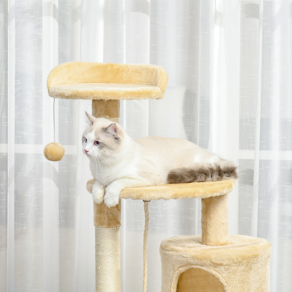 image 1 of PawHut Pet Activity Centre Cat Tree Condo with Scratching Post 4-Tier Beige