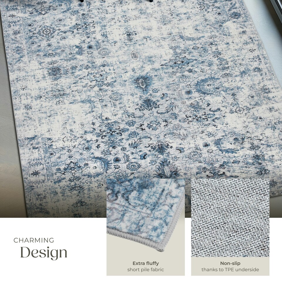 image 1 of Vintage Rug Amara - faded design, machine washable, short pile & non-slip underside Blue | 274 x 200 cm