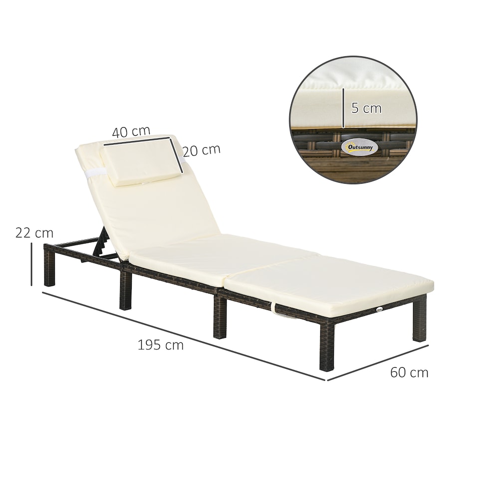 image 1 of Outsunny Rattan Sun Lounger Set of 2, 5-Level Adjustable Garden Lounger Recliner with Cushion and Headrest, Outdoor Reclining Sunbed, Steel Frame Garden Chair for Patio, Beach, Terrace, Cream White