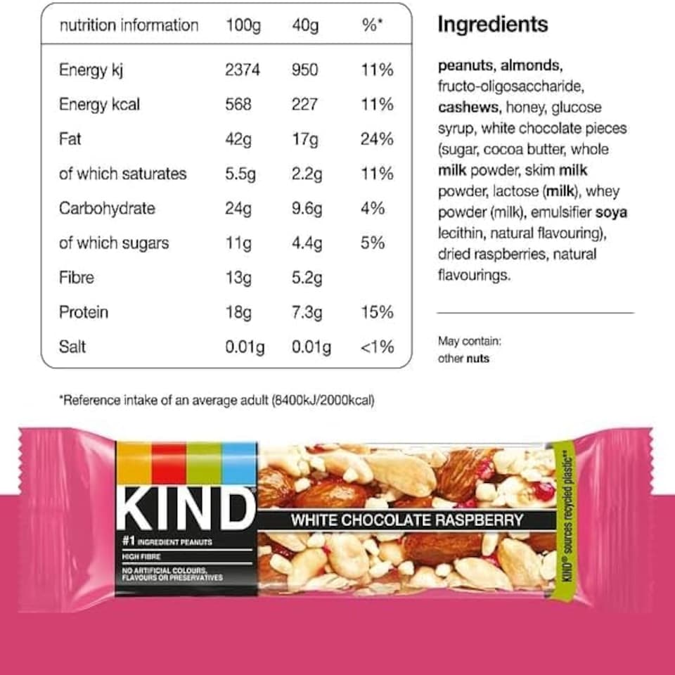 image 1 of Kind Bars, White Chocolate Raspberry, Healthy Snack, Gluten Free Snack Bars, No Artificial Colours, Flavours or Preservatives, Multipack 24 x 40g