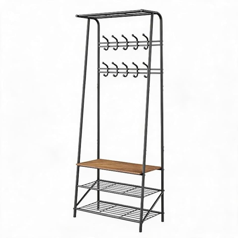 image 1 of London Boutique 4-in-1 Hall Tree with Bench and Shoe Rack, Double Coat Hooks, 60cm