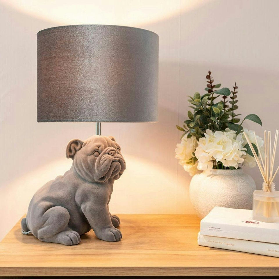 image 1 of ValueLights Billy Bulldog Velvet Grey Table Lamp with Grey Velvet Drum Shade