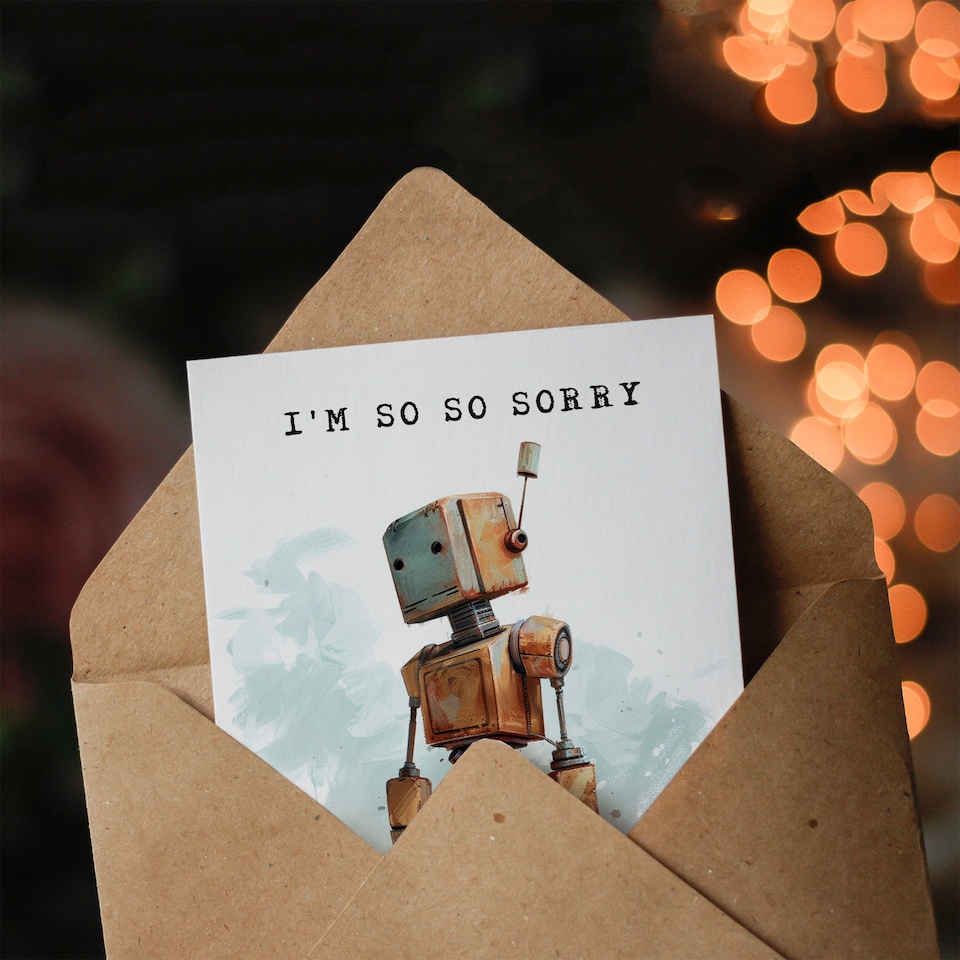 image 1 of So Sorry Cute Retro Mechanoid Bot Robot Apology Miss You Card