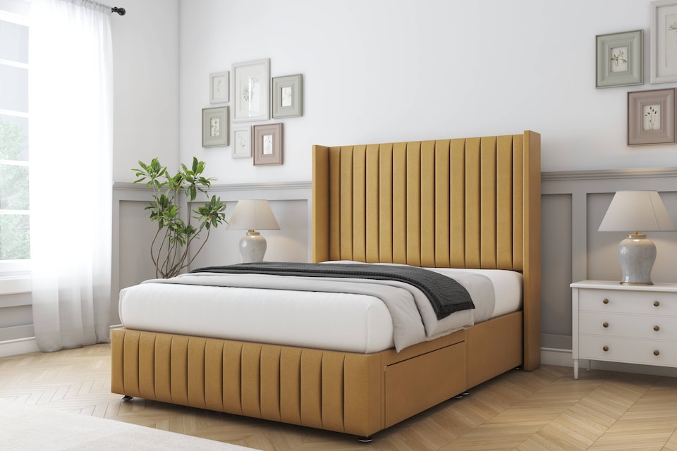 image 1 of Sloomy Marlborough Mustard Plush Divan Bed With Mattress No Drawers With 54" Wingback Headboard & 12" Matching Footboard 4'6 Double | Gold | Mustard | Double | 1