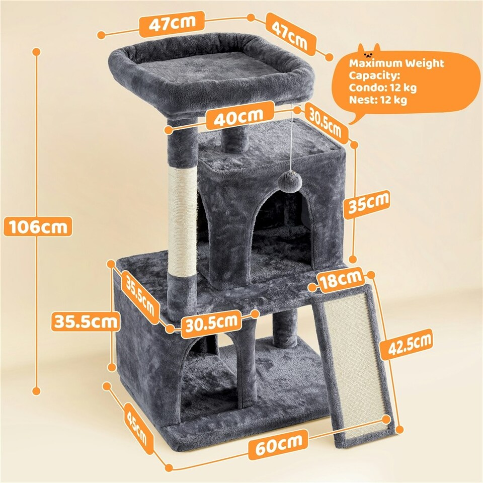image 1 of Yaheetech 106 cm Cat Tree Tower with Double Condos Dark Grey