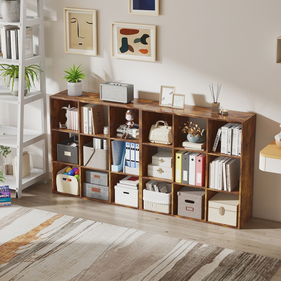 image 1 of HOMCOM 9 Cube Storage Cupboard Bookcase Bookshelf Home Office, Rustic Brown | Brown | Rustic Brown