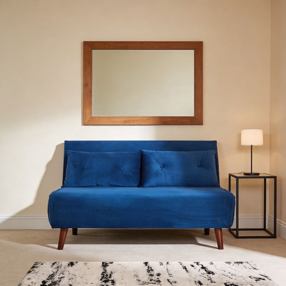 Double Sofa Bed Folding Chair Velvet Blue Wooden Legs Two Pillow Home ...