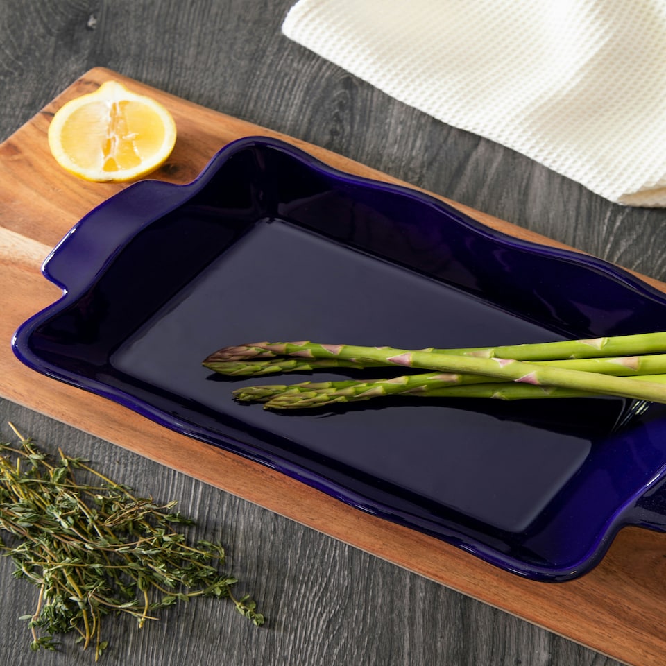 image 1 of Interiors by Premier Functional Design Small Oven Dish, Durable Stoneware Baking Dish With Handles, Stylish Blue And Cream Multi
