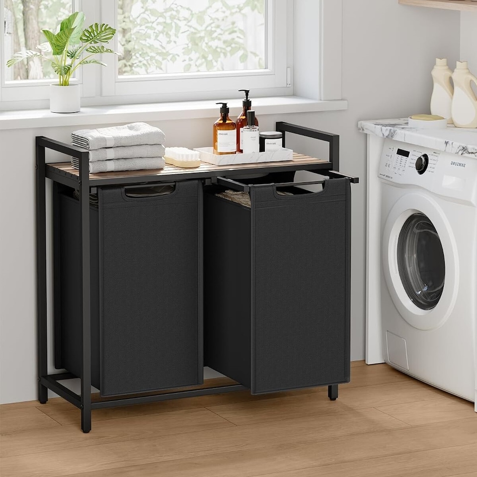 image 1 of 2-Compartment Laundry Hamper with Storage Shelf and Sorter, Camel Brown and Black