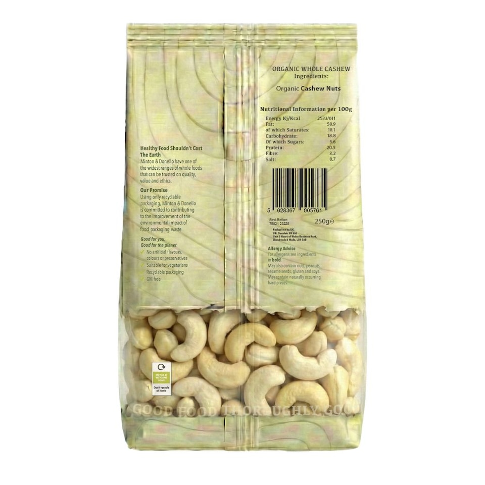 image 1 of Minton & Donello Organic Whole Cashews 6 x 250g