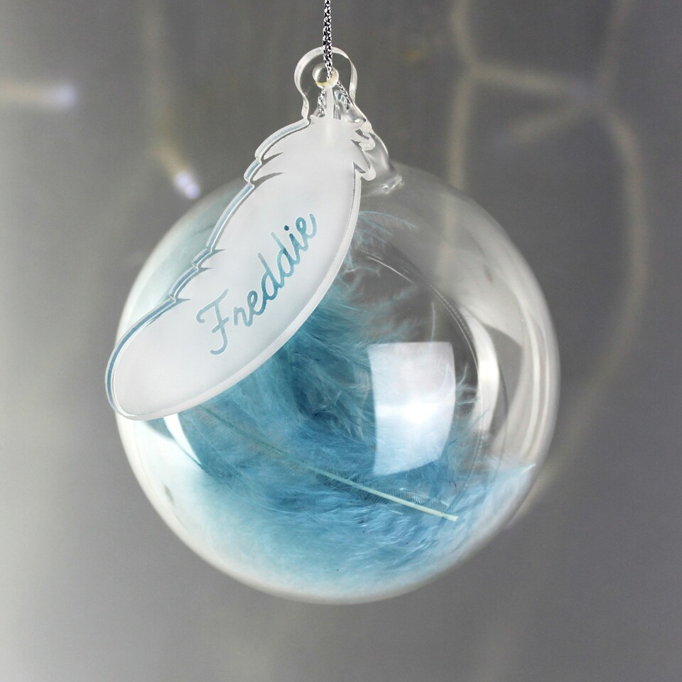 image 1 of Personalised Blue Feather Glass Bauble