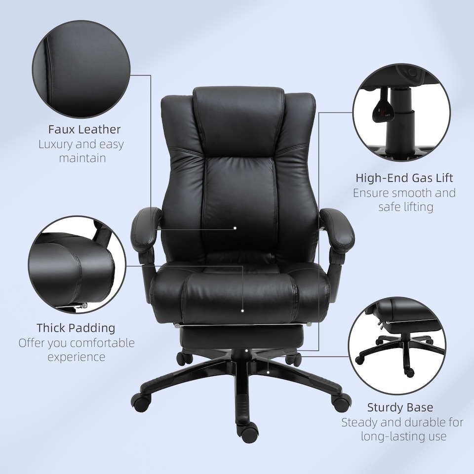 image 1 of Vinsetto Executive Office Chair for Home, PU Leather Computer Chair, Swivel Desk Chair with Footrest, Wheels, Adjustable Height, Black