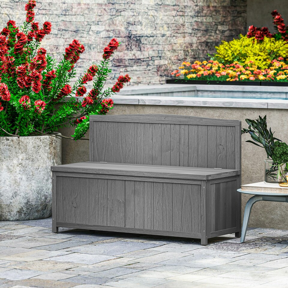 image 1 of Outsunny Wood Storage Bench for Patio, Outdoor Garden Seating, Brown Grey