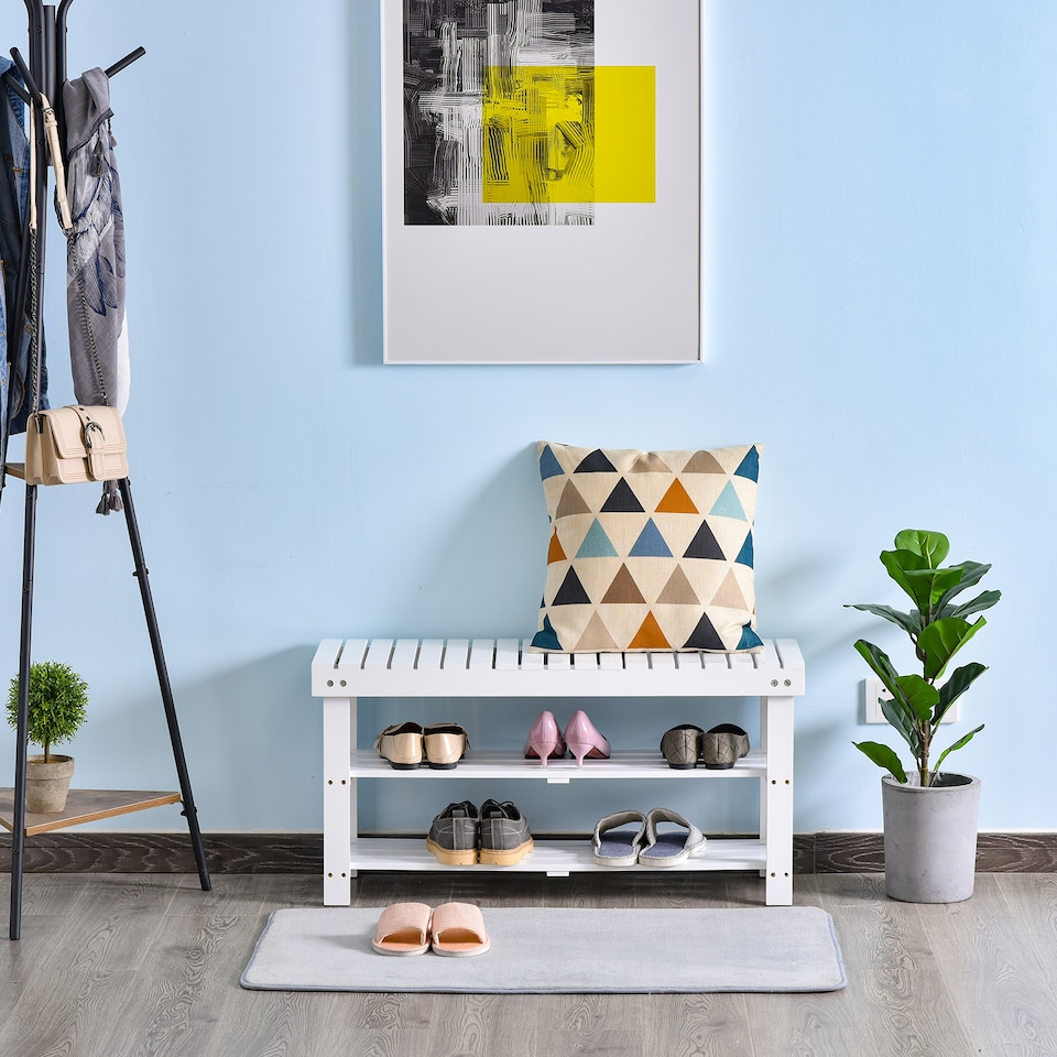 image 1 of HOMCOM Shoe Bench, 3-Tier Wooden Shoe Rack with Hidden Storage Compartment, Slatted Shelves, Home Storage Unit, Hallway Furniture, White, 90L x 29W x45H cm | White | White