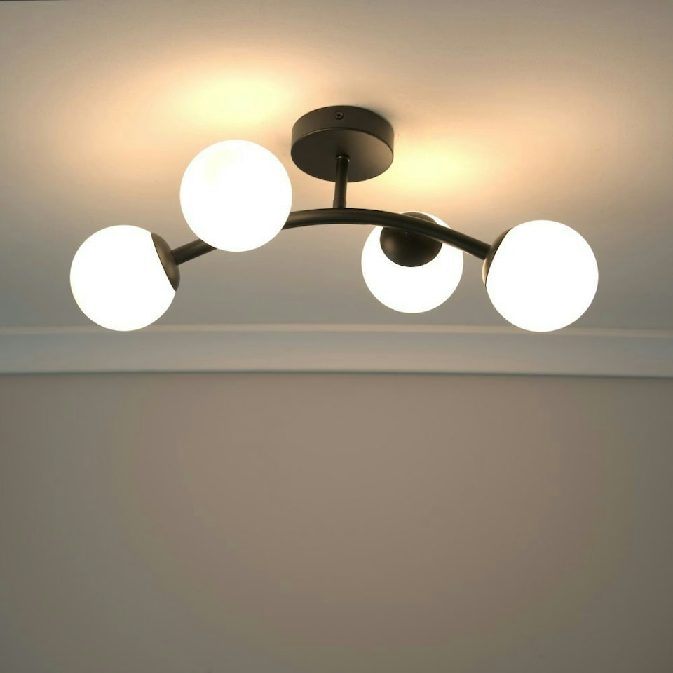 image 1 of ValueLights Jas Black 4 Way Ceiling Light with Opal White Frosted Glass Globe Shades