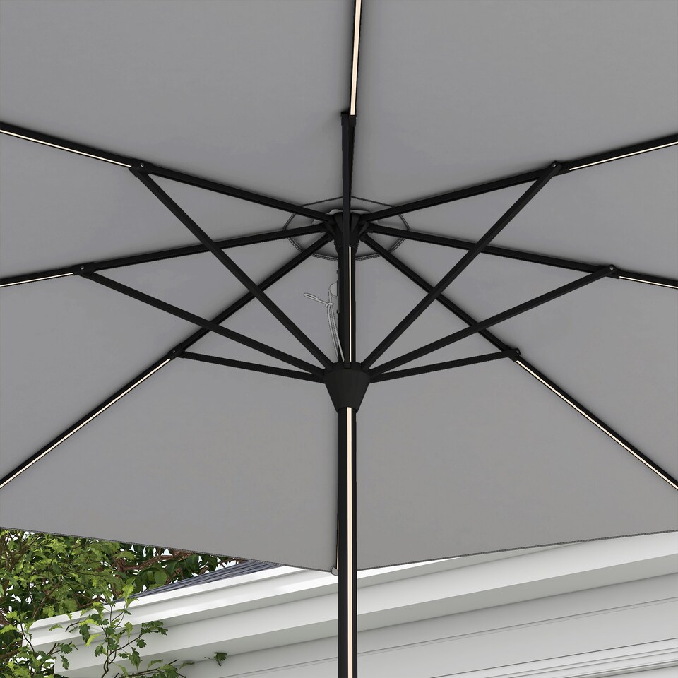 image 1 of Outsunny 2.65m Garden Parasol with Lights, Solar Charged Warm Yellow LED Patio Umbrella with Crank Handle, for Balcony, Outdoor and Lawn Light Grey