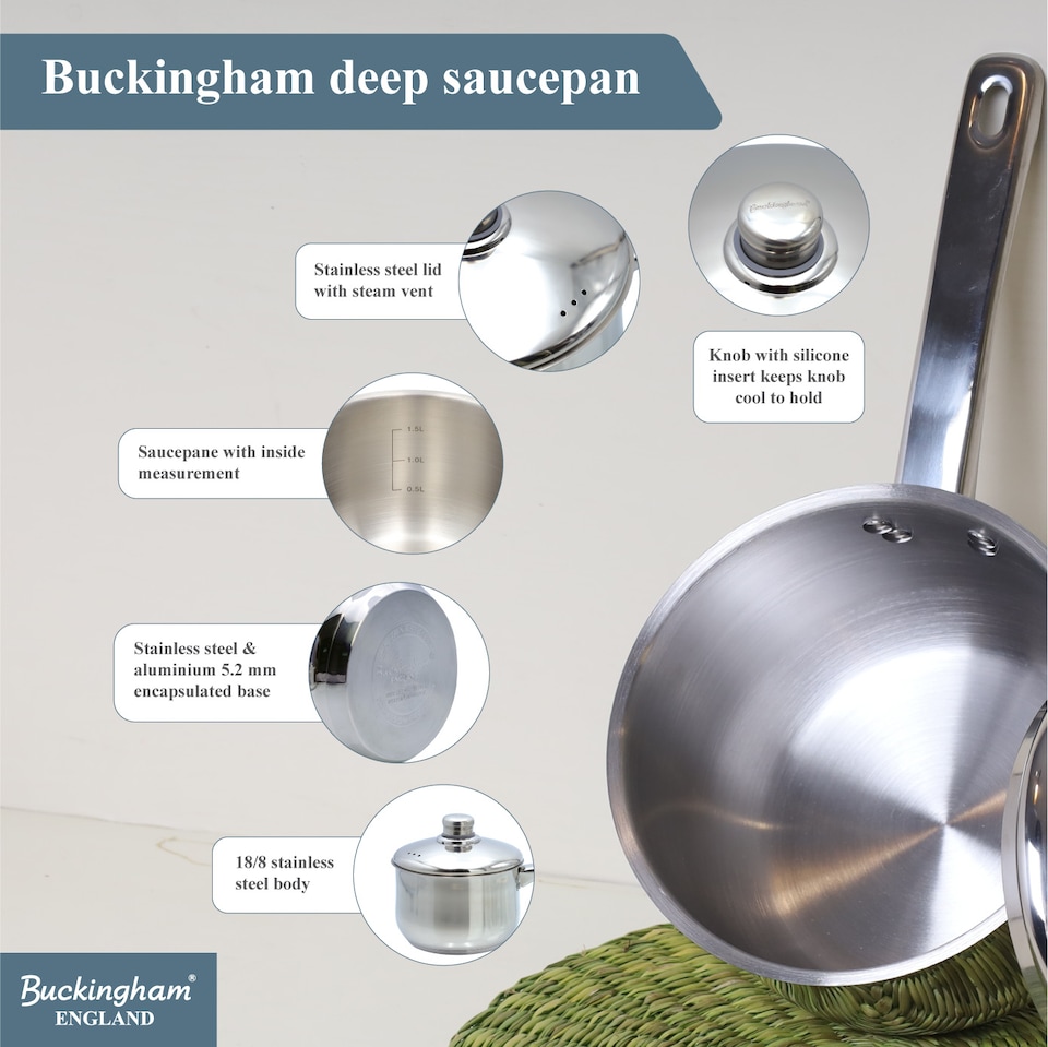 image 1 of Buckingham Stainless Steel Deep Saucepan 16 cm / 2 Litre | Silver