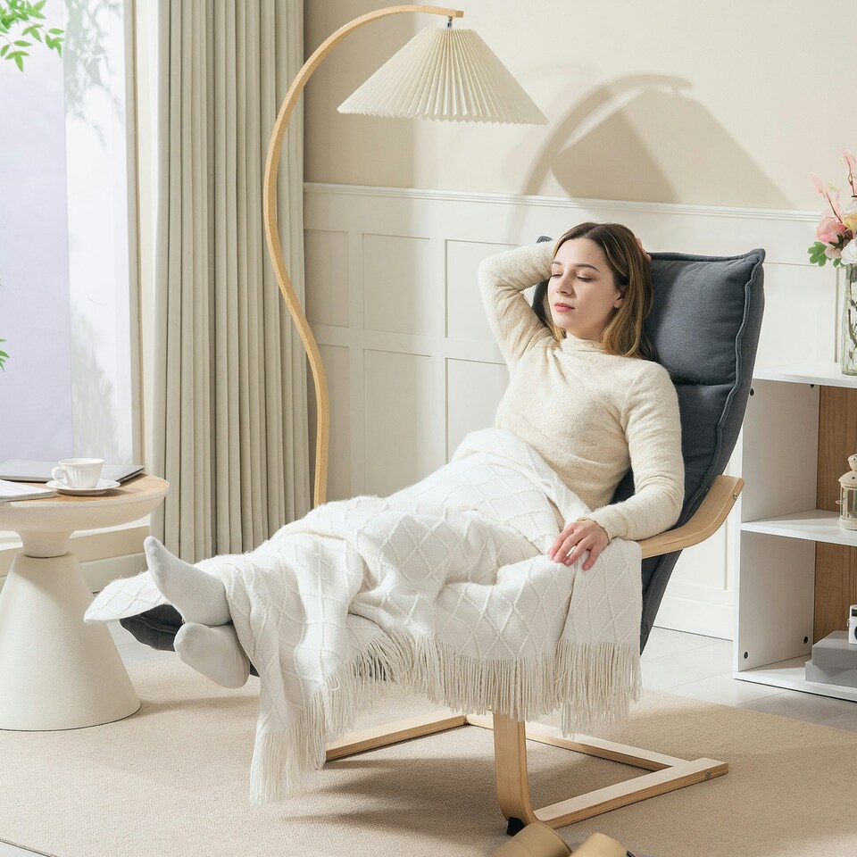 image 1 of HOMCOM Birch Wood Lounge Chair for Living Room, Bedroom Grey | Natural Birch