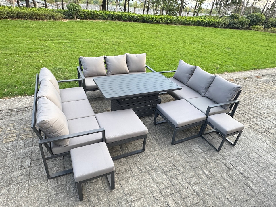 image 1 of Fimous Aluminum Outdoor Patio Furniture Set Modern Patio Conversation Sets with Adjustable Rising Lifting Dining Table 4 Footstools Dark Grey