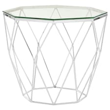 Tempered Glass and Chrome Hexagon End Table,Geometric Chrome Finish Small Side Table,Glass Top Side Table Silver