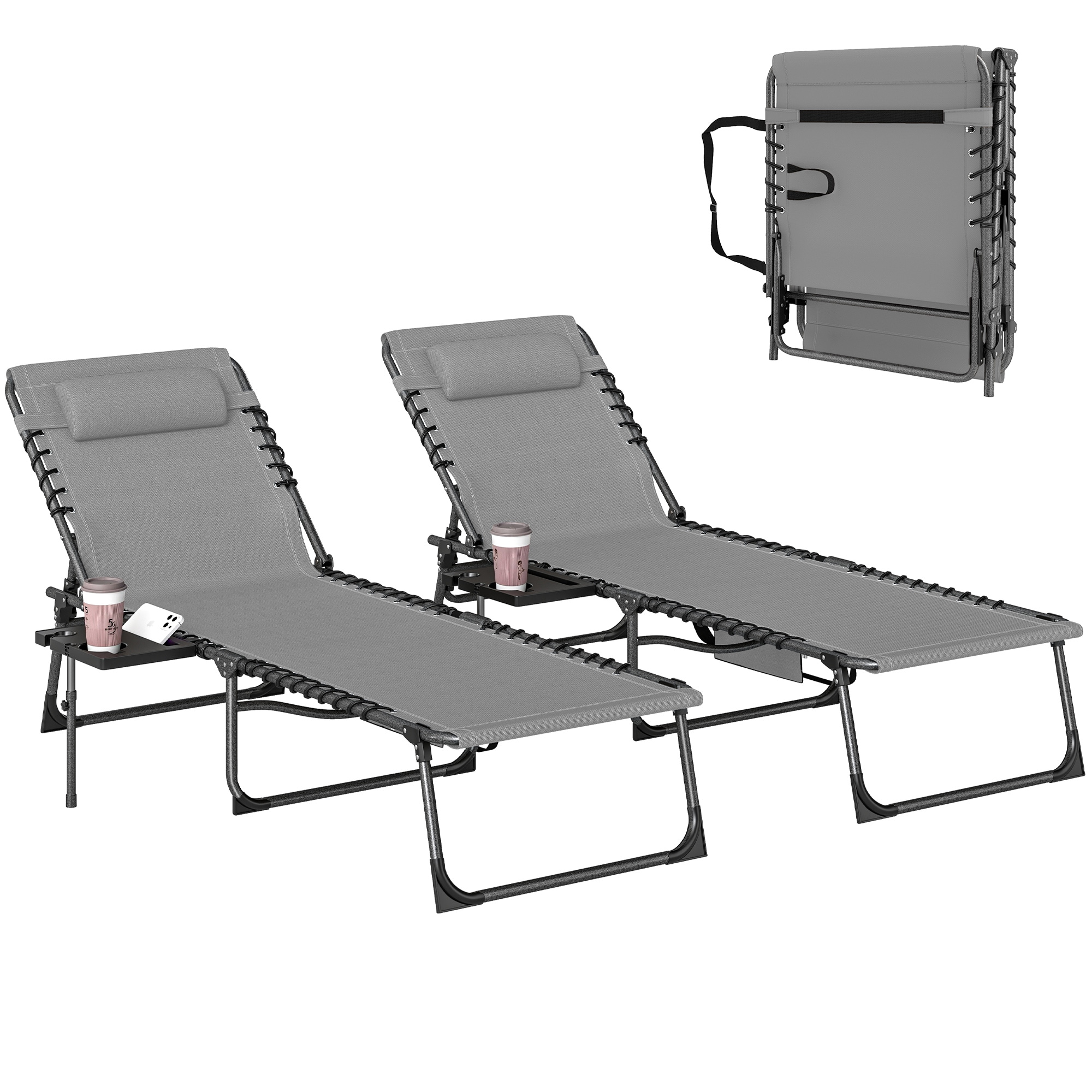 Outsunny Folding Sun Loungers with 5-Level Back, Cup Holder, Grey | Grey | Grey | L