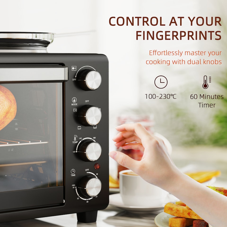 image 1 of HOMCOM 28L Mini Oven with 2 Hot Plates, Countertop Toaster Oven, Grill, Roast, Bake, Boil, with Timer, Adjustable Temperature, Electric Oven with Baking Tray, Grill Rack, Crumb Tray, 2600W, Black
