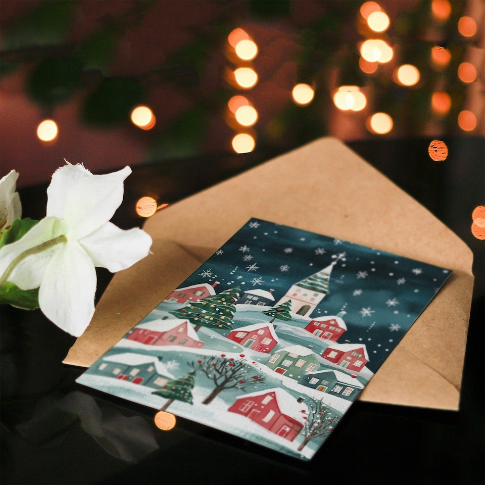 image 1 of Festive Hill Town Winter Trees Festive Xmas Art Blank Christmas Card