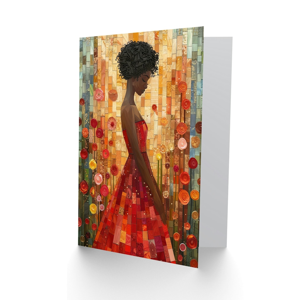 image 1 of Women In Red Dress Flowers Floral Him Her Birthday Card