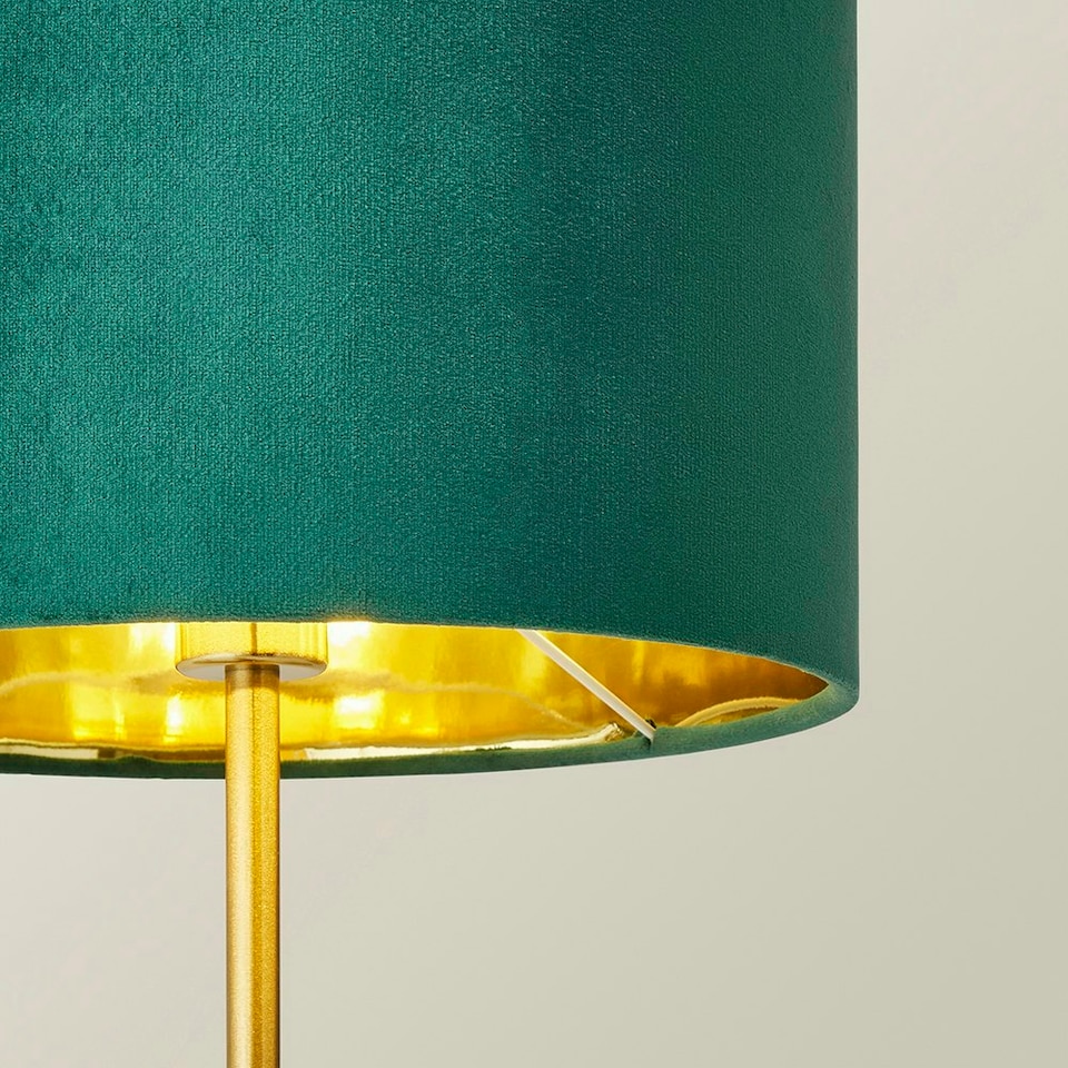 image 1 of ValueLights Christina Green Velvet with Gold Inner Drum Shade Gold Palm Leaf Table Lamp Gold