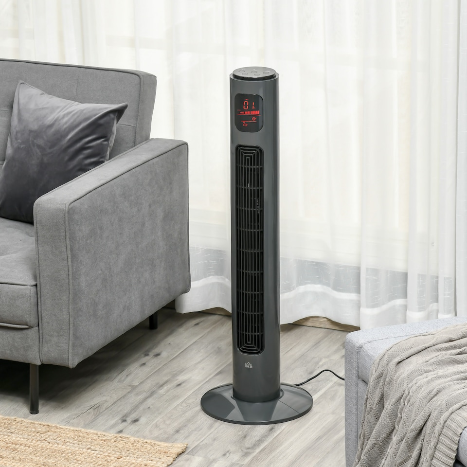 image 1 of HOMCOM 38 Freestanding Tower Fan, 3 Speed 3 Mode, 12h Timer, 70 Degree Oscillation, LED Panel, 5M Remote Controller, Dark Grey