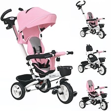 HOMCOM 6 in 1 Kids Trike for 1-5 Years, Toddler Tricycle Folding Bike with Parent Handle, Reversible Seat, Storage Basket, Canopy, 5-point Seat Harness, Pink