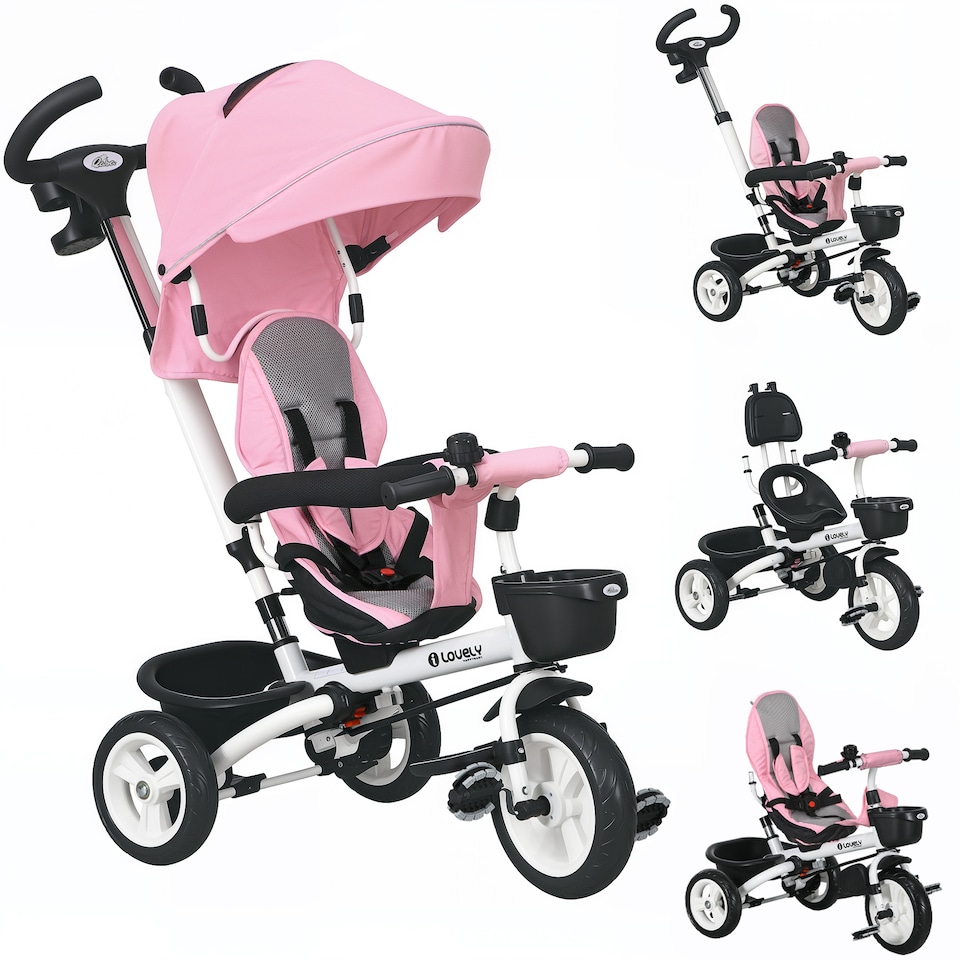 image 1 of HOMCOM 6 in 1 Kids Trike for 1-5 Years, Toddler Tricycle Folding Bike with Parent Handle, Reversible Seat, Storage Basket, Canopy, 5-point Seat Harness, Pink