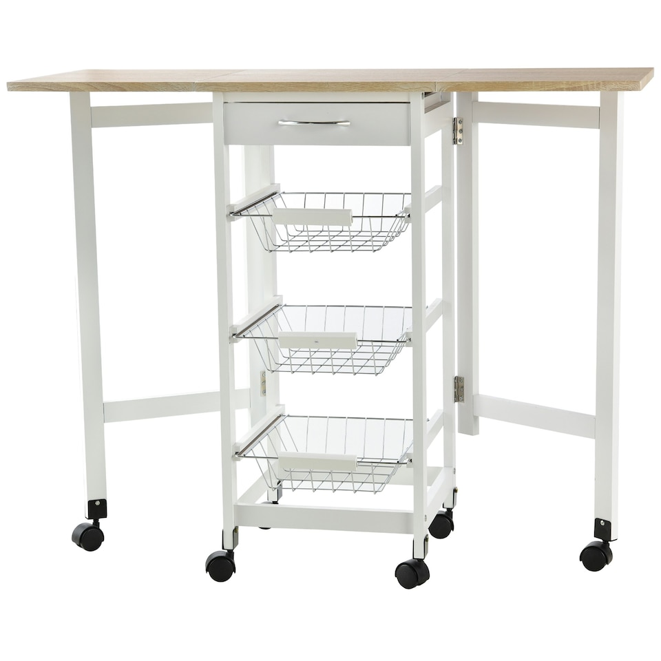 image 1 of HOMCOM Drop-Leaf Kitchen Trolley w/ 3 Baskets, Drawer, 6 Wheels, White