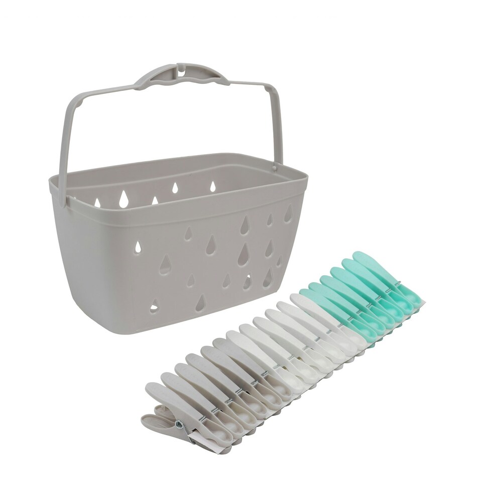 image 1 of JVL Plastic Peg Basket, Grey with 36 Extra Strong Plastic Pegs, Aqua