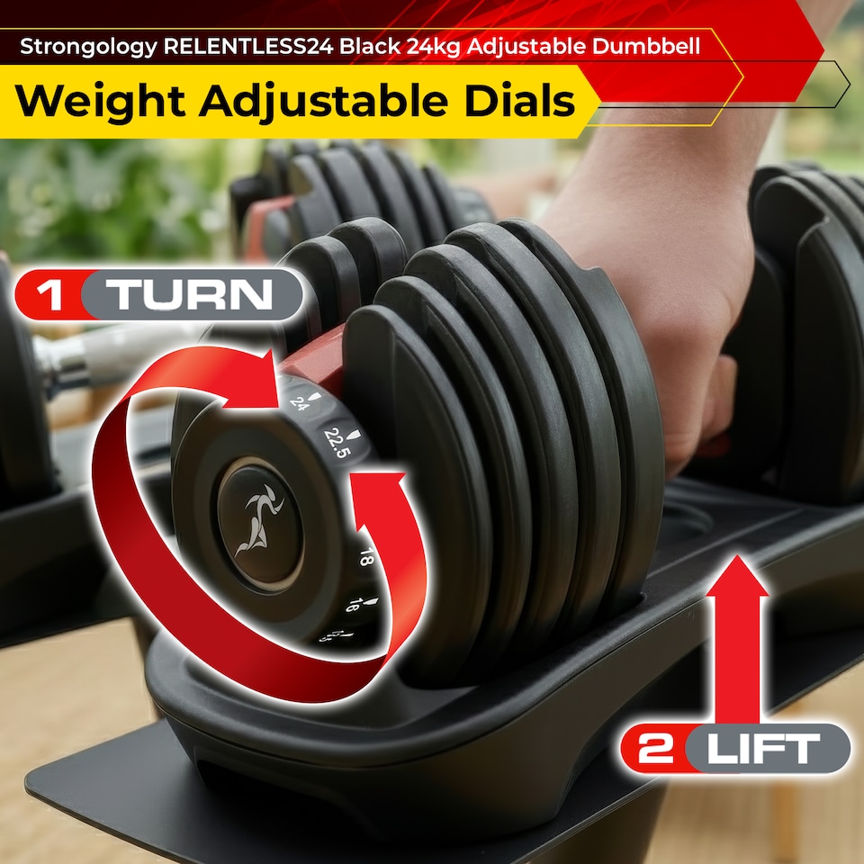 image 1 of Strongology Relentless24 Home Fitness Single Adjustable Smart Dumbbell from 2.5kg up to 24kg Training Weights