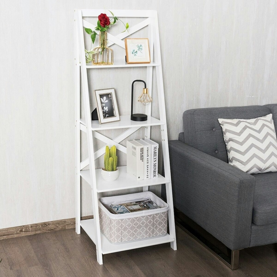 image 1 of COSTWAY 4 Tier Ladder Shelf Storage Wooden Bookcase White White