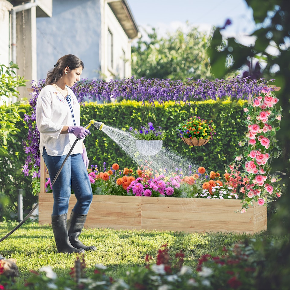 image 1 of COSTWAY Raised Garden Bed Fir Wood Climbing Planter Box w/2-Sided Trellis