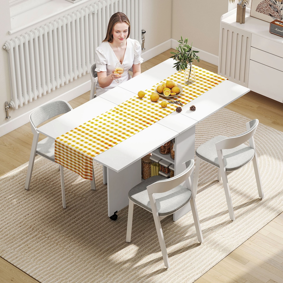 image 1 of HOMCOM Folding Dining Table, Drop Leaf Table with 2-Tier Shelves, Rolling Casters, for Small Spaces, Kitchen, White
