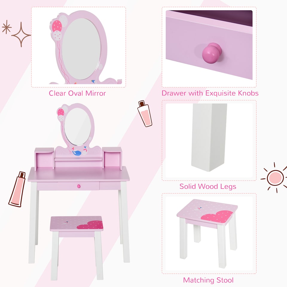 image 1 of HOMCOM Kids Dressing Table and Stool Set Make Up Desk with Storage (Pink)