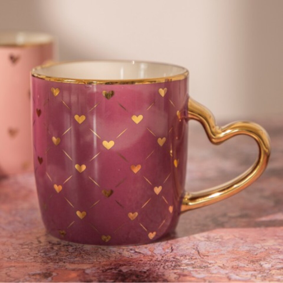 image 1 of Luxury Heart Handle Ceramic Mug 350ml with Gold Detail and Romantic Print | Pink | Cherry Blossom | 350ml | 1