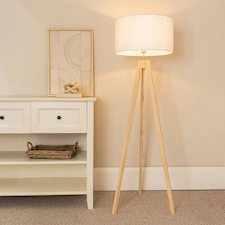 ValueLights Jackson Natural Wood Tripod Floor Lamp with White Fabric Lamp Shade and LED Bulb