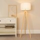 image 1 of ValueLights Jackson Natural Wood Tripod Floor Lamp with White Fabric Lamp Shade and LED Bulb