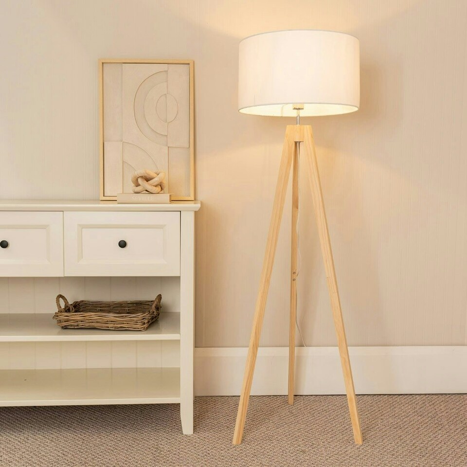 image 1 of ValueLights Jackson Natural Wood Tripod Floor Lamp with White Fabric Lamp Shade and LED Bulb
