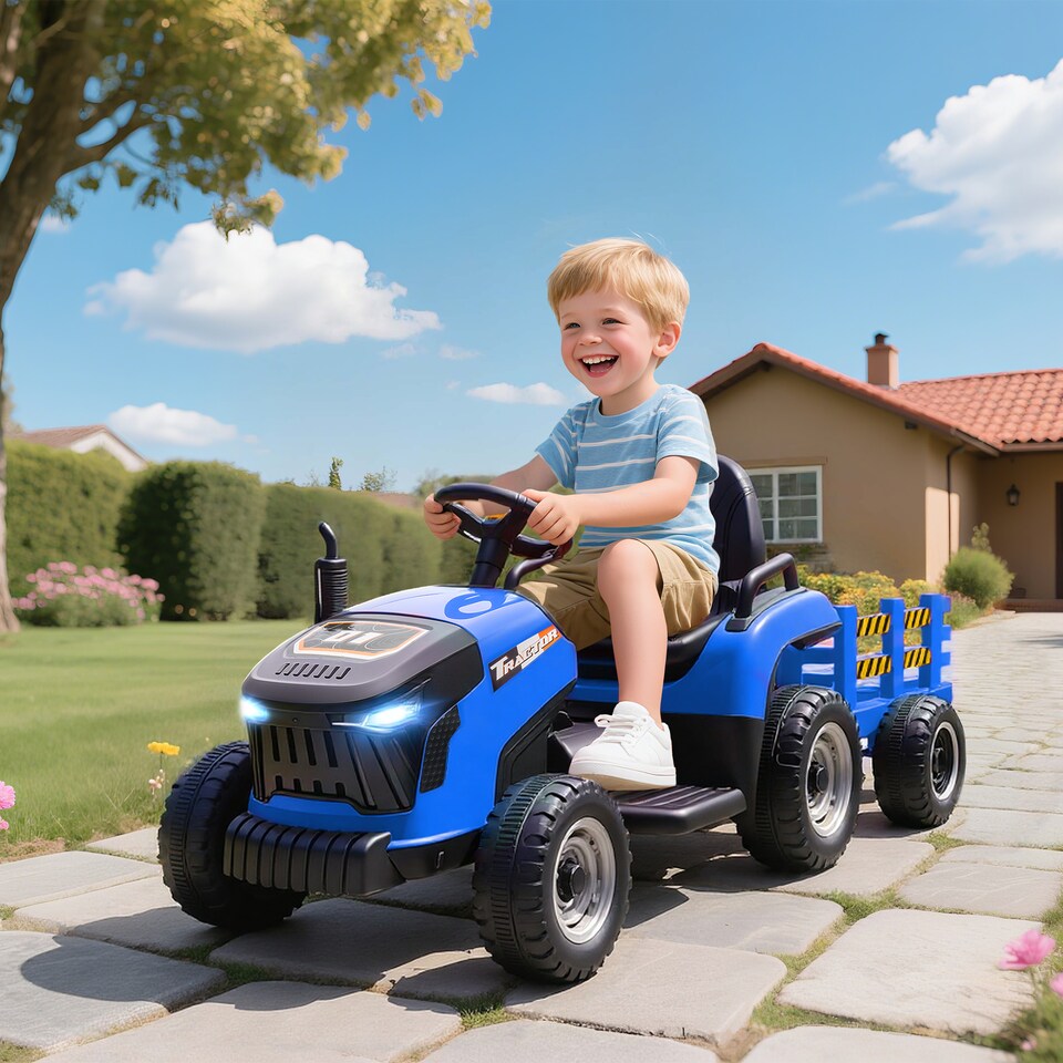 image 1 of AIYAPLAY Ride on Tractor with Trailer, 12V Electric Vehicle with Remote Control, Ride on Car for Kids with Music, Shifter, Start-Up Sound for Ages 3-8 Years | Blue