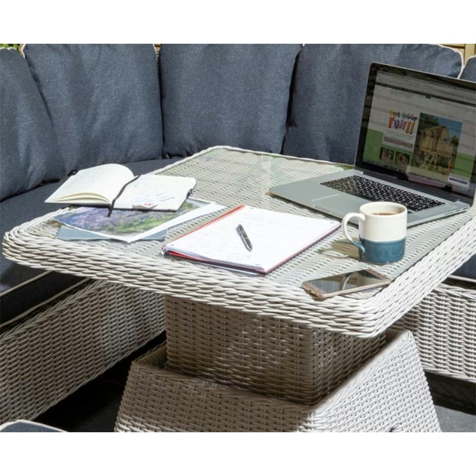 image 1 of 6 Seater Putty Grey Compact Rattan Weave Corner Garden Dining Set - With Stools