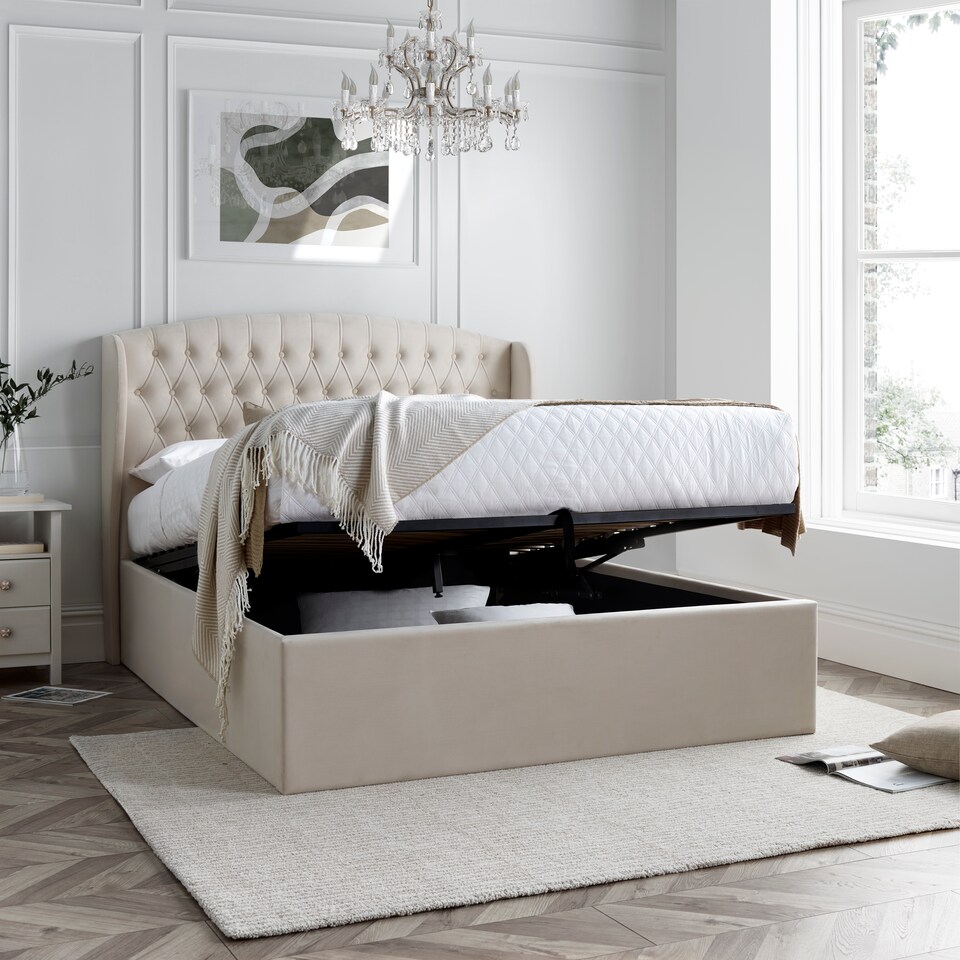 image 1 of Warwick Natural Velvet Ottoman Bed And Signature Platinum 2000 Pocket Sprung Mattress Double | Multi